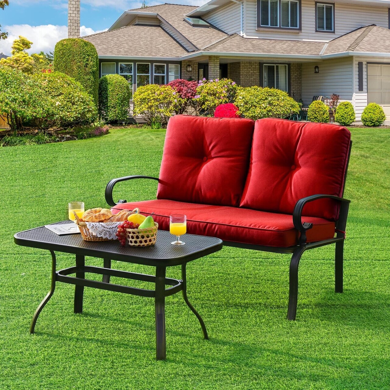 2 Pieces Patio Loveseat Bench Table Furniture Set with Cushioned Chair